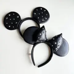 ディズニー　カチューシャ　レザー　黒　ミッキー　ミニー
