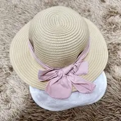 ベージュの麦わら帽子 ピンクリボン 50cmのサムネイル