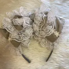 ロリータ リボンカチューシャ グレー ヘッドドレス ゴスロリ3層ボウレース可愛い