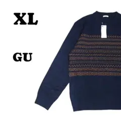 ジーユー　幾何学模様　ニット　セーター　クルーネック　 ネイビー 　XL