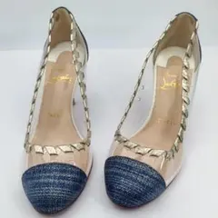 クリスチャンルブタン デニム×PVC ゴールド縁取 ポインテッドトゥ ピンヒール