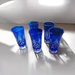 藍色切子グラス　藍色 5個セット　 【新品未使用】のサムネイル