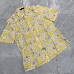 Leilian 半袖ブラウス 花柄 イエロー ボタニカルデザイン リネン混 M