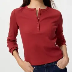 UNIQLO リブヘンリーネックT レッド M
