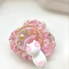 【再販×】 レジン　ヘアゴム シェルにひまわり　猫ちゃん付き　ピンク◡̈♥︎ 再販△】レジン ヘアゴム シェル型 猫ちゃん 花 ローズピンク◡̈