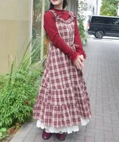 axes femme コットンレース使いチェックワンピース ワイン Fサイズ