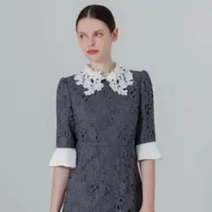 Leja 花柄レースカラー刺繍Aラインフレアドレスワンピース ふくれな