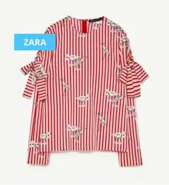 【期間限定】zara ザラ 鳥柄ストライプリボンブラウス S 未使用に近い