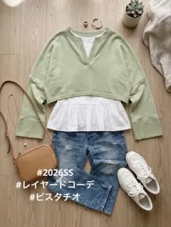 【すぐ着れる春色！】ショート丈 スウェット ピスタチオグリーン Vネック 短丈のサムネイル