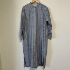 無印良品　ストライプ　スタンドカラー　長袖シャツロングワンピース　M〜L