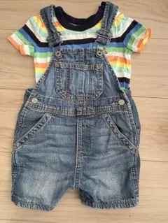 ストライプロンパース デニムオーバーオールセット