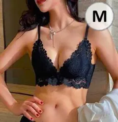 M／ブラック　フロントホック バック紐 ブラジャーショーツセット