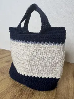 手編み トートバッグ　コットンバッグ　ニット　ネイビー