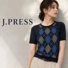 J.PRESS 半袖ニット アーガイル柄 毛100% M美品 夏ニット　ブラックのサムネイル