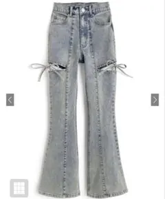 GRL サイドカットアウトリボンフレアデニムパンツ cu578 ライトブルー M
