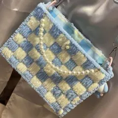 ハンドメイド　毛糸　水色　白　ショルダーバッグ