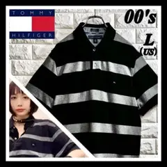 ◆あのちゃん着用／同型・同色◆ トミーヒルフィガー ボーダー柄ポロシャツ 黒×灰