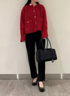 ミラオーウェン　金釦ノーカラーコンパクトラメニットジャケット レッド