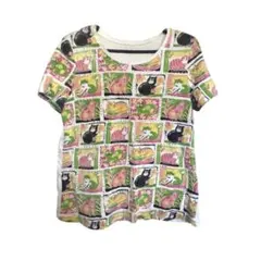 y2k 平成ギャル　カラフル猫柄半袖Tシャツ　緑カットソー　パッチワーク　00s
