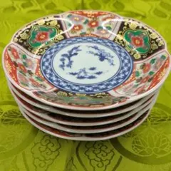 新品 【５枚セット】　有田焼　古伊万里　色絵　輪花皿　金彩錦唐草のサムネイル
