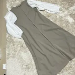 ボリューム袖ベージュカットソーワンピース Sサイズ