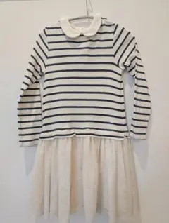 プチバトー　ボーダー　異素材切り替えワンピース　8ans 128cm　チュチュ