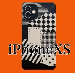 0073iPhoneXS用ケースブラックホワイトモード系ドット柄ストライプカバー