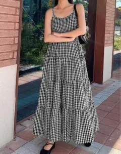 チェック柄ロングキャミワンピース