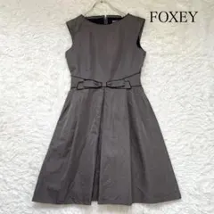 美品 FOXEY ベルト付ウールリネンワンピース Aライン レース ブラウン