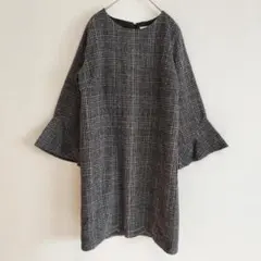 r.p.s フレア袖 チェック タイトワンピース M グレー 上品シルエット