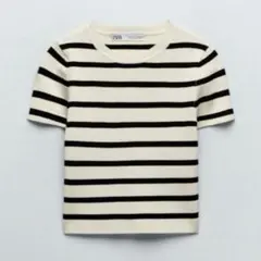 ZARA ボーダーニット クロップド丈トップス Mサイズ 半袖 大人カジュアル