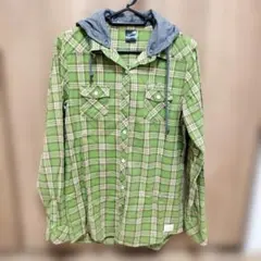 美品 kissmark グリーン チェック フード付きシャツ L
