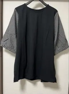 【新品タグ付】麻布プロバドール ギンガムチェック袖切替チュニック 黒 LL