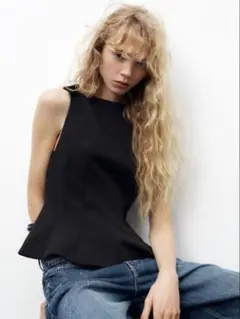 ZARA ぺプラムリボントップス　ブラック