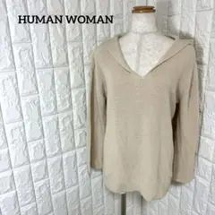 ヒューマンウーマン フード付き 長袖ニット シルクコットン 無地 カジュアル M