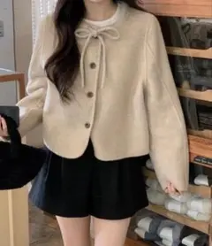 sempliceリボンネックボタンショートコート