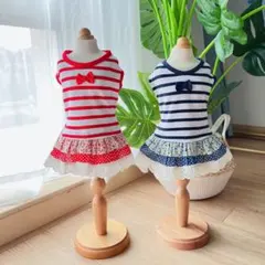 犬用ドレス 赤と紺のストライプ2色セット