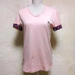 バーバリーブラックレーベル★ピンク★Vネック★Tシャツ★半袖★チェック柄袖