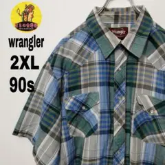 USA古着 wrangler　半袖ボタンシャツ2XL 90s　グリーン ブルー