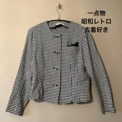 千鳥格子　肩パッド　シルク混ジャケット　古着女子　昭和レトロ　9号 金ボタンのサムネイル