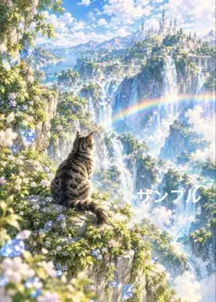 【一作限り】虹の滝と天空の城を見つめる猫 E457 猫 絶景 幻想アート