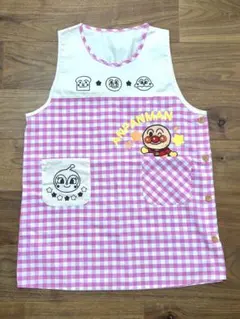アンパンマン　保育かぶりエプロン　左サイドボタン　Mサイズ　ピンクチェックのサムネイル