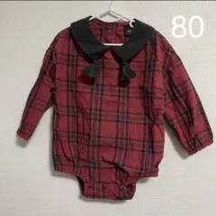 manina マニーナ 赤チェック 襟付きロンパース 80