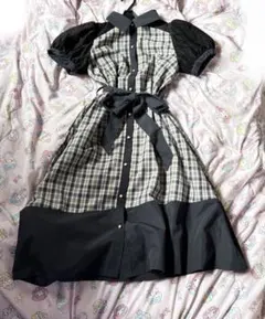 axes femme poetiqueチェックバイカラーシャツワンピ 紺