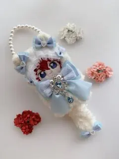 ぬい服 12cmサイズ ねこさんケープ(クリーム)水色リボン
