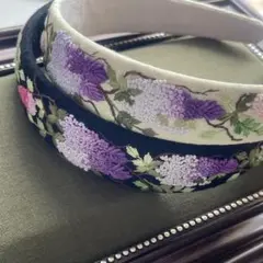 野生藤の刺繍ヘアアクセサリー ブラック 藤の花 刺繍カチューシャ·1点