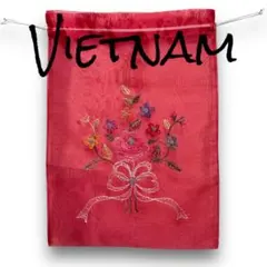 アジアン雑貨　かわいい花刺繍入り　キラキラ巾着袋　レッド　インテリアにも◎