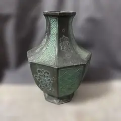 高岡銅器 渋谷鳳州作 青銅製 饕餮文 四角花瓶 鋳銅 花器 骨董品