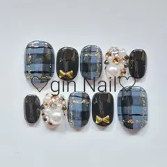 ネイルチップ　オーダー　ワンホン　現品　ベリーショート　チェック　ブルーグレー