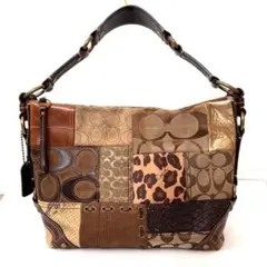 コーチCOACH異素材パッチワークスエードレザーシグネチャーショルダーバッグ
